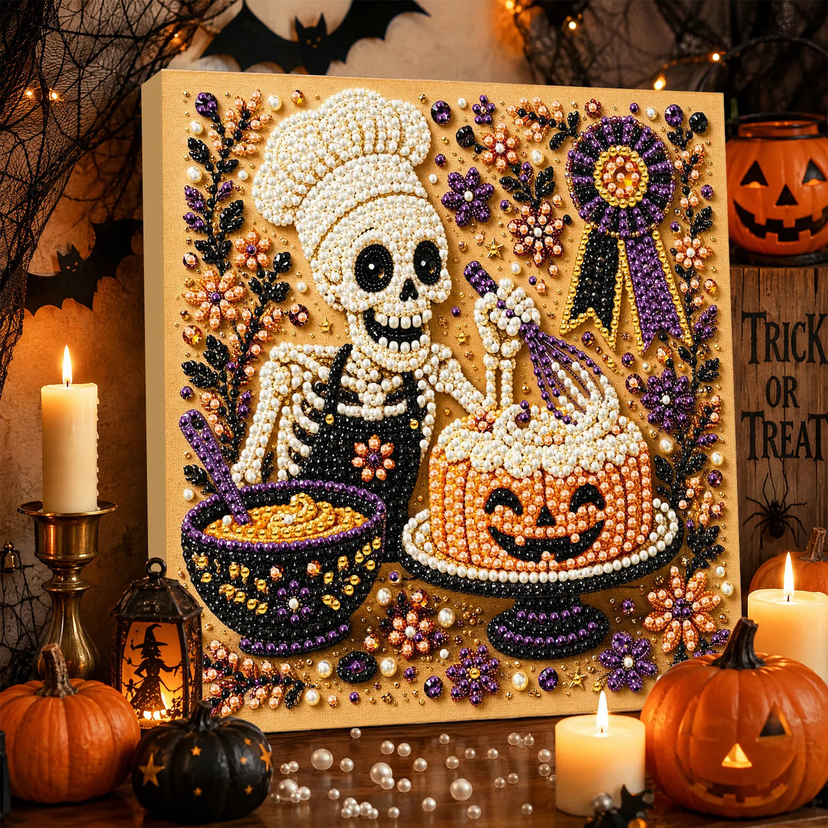 DIY Pearl Painting Halloween Cuisine with Frame(20x20cm)