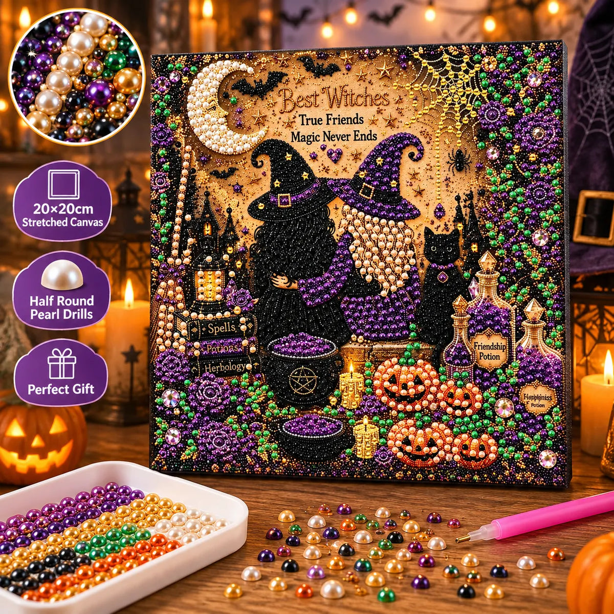 DIY Pearl Painting Halloween Witch with Frame(20x20cm)