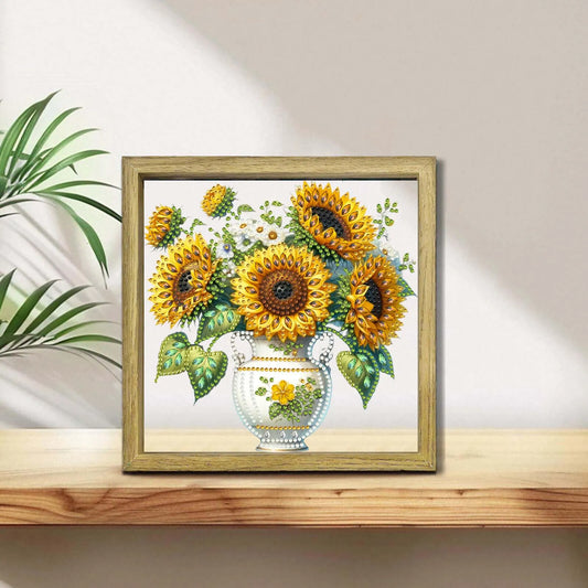 Sunflower DIY Special Shape Double sided Print Clear Diamond Art Kit Wooden Framed Diamond Painting Kit(21.5x21.5cm)