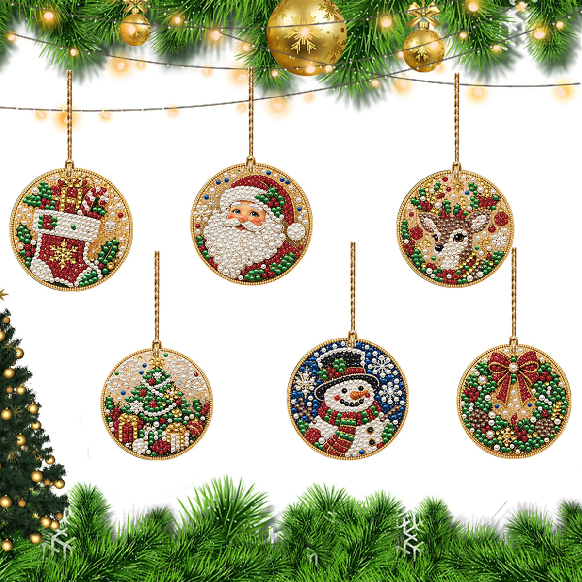 6Pcs Diamond Painting Wooden Snowman Christmas Tree Hanging Ornaments for Decorations