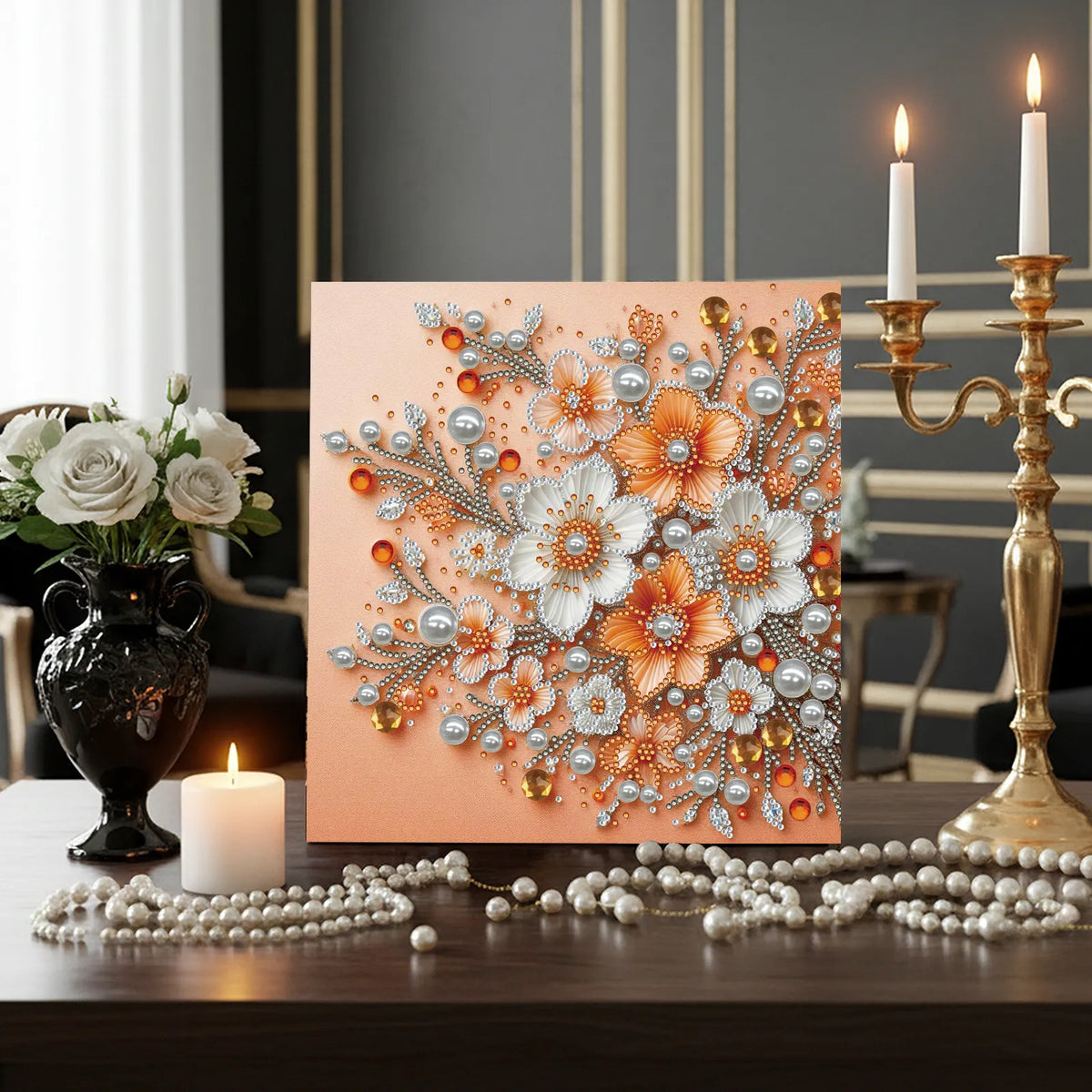 Framed Flowers - Pearls Painting Kit for Creativity DIY Pearl Dot Crafts for Gift Home Wall Decor 25*25CM (With Frame)