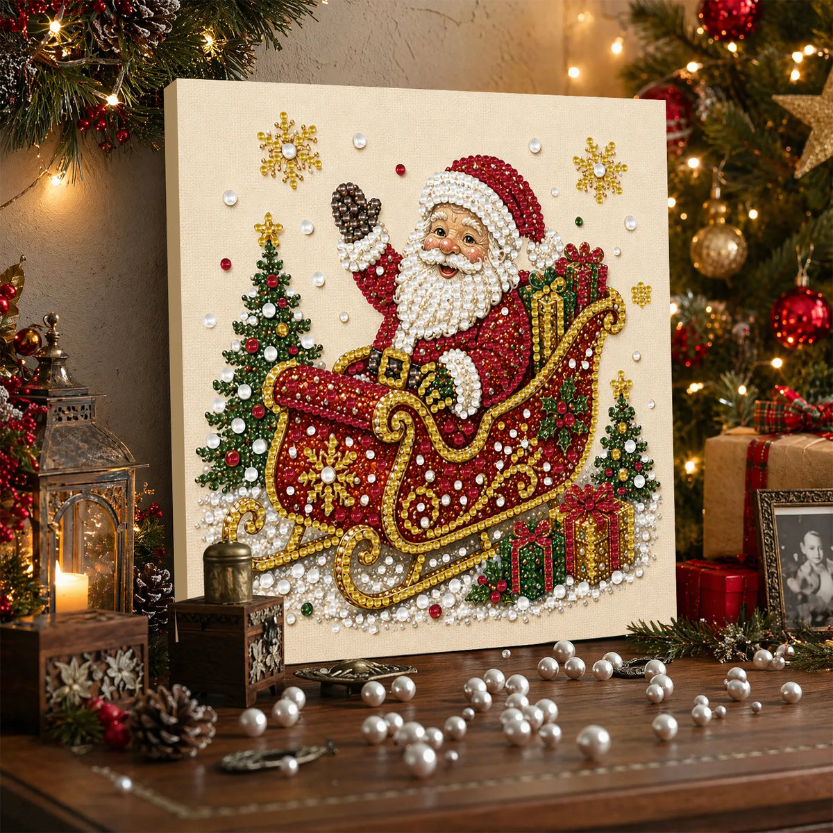 DIY Pearl Painting Xmas Santa Sleigh with Frame(20x20cm)