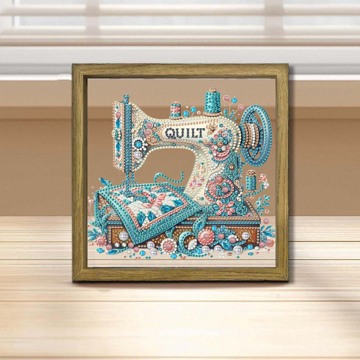Sewing Machine DIY Special Shape Double sided Print Clear Diamond Art Kit Wooden Framed Diamond Painting Kit(22x22cm)