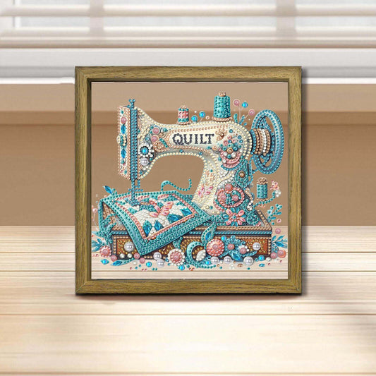 Sewing Machine DIY Special Shape Double sided Print Clear Diamond Art Kit Wooden Framed Diamond Painting Kit(22x22cm)