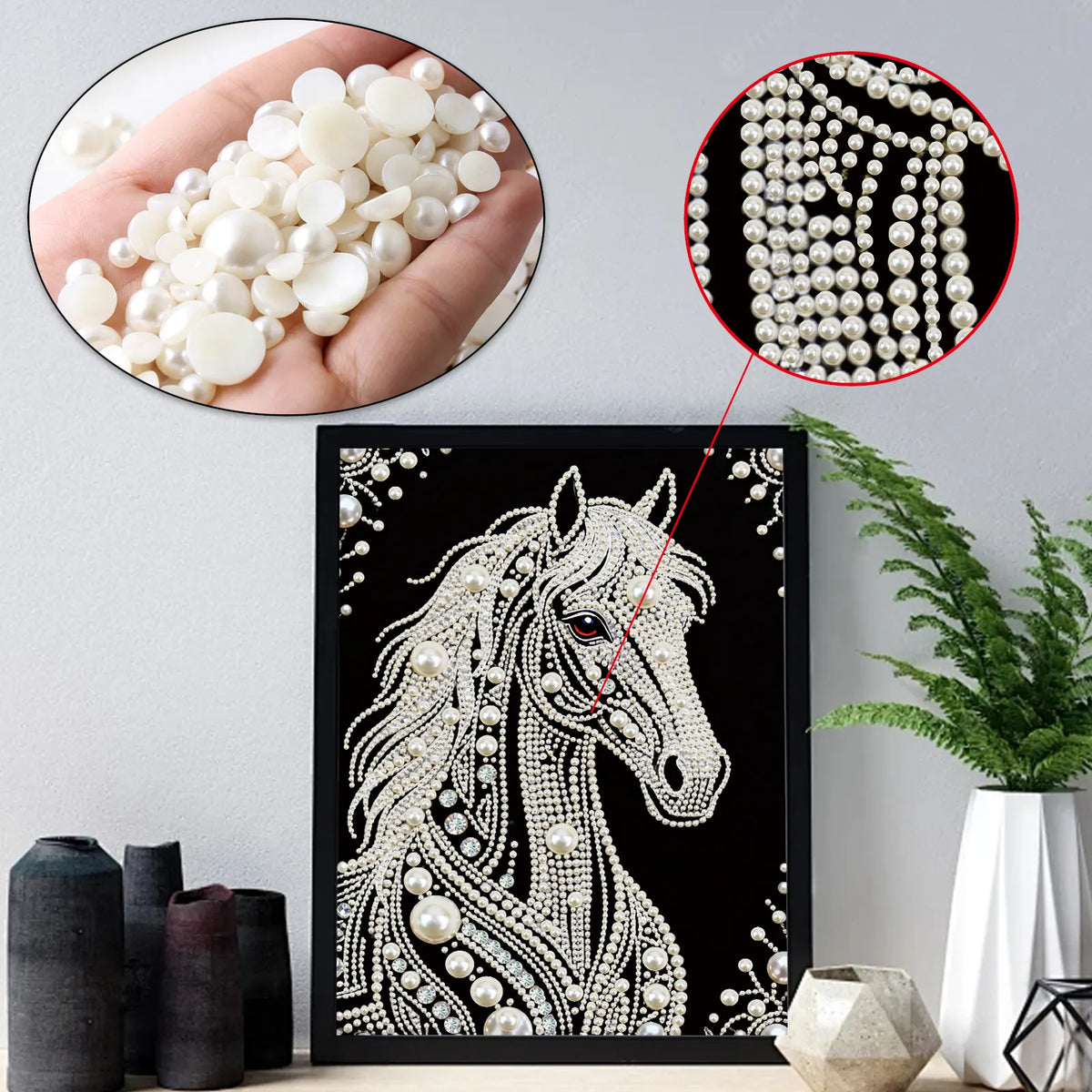 Horse Premium 5D Diamond Painting Kit Black & White Pearls painting Sparkling Special Shaped Diamond painting