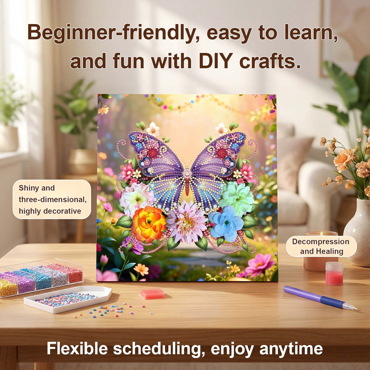 Pre-Framed 3D Rhinestones Butterfly With Artificial Flower Diamond Painting DIY Craft Kit