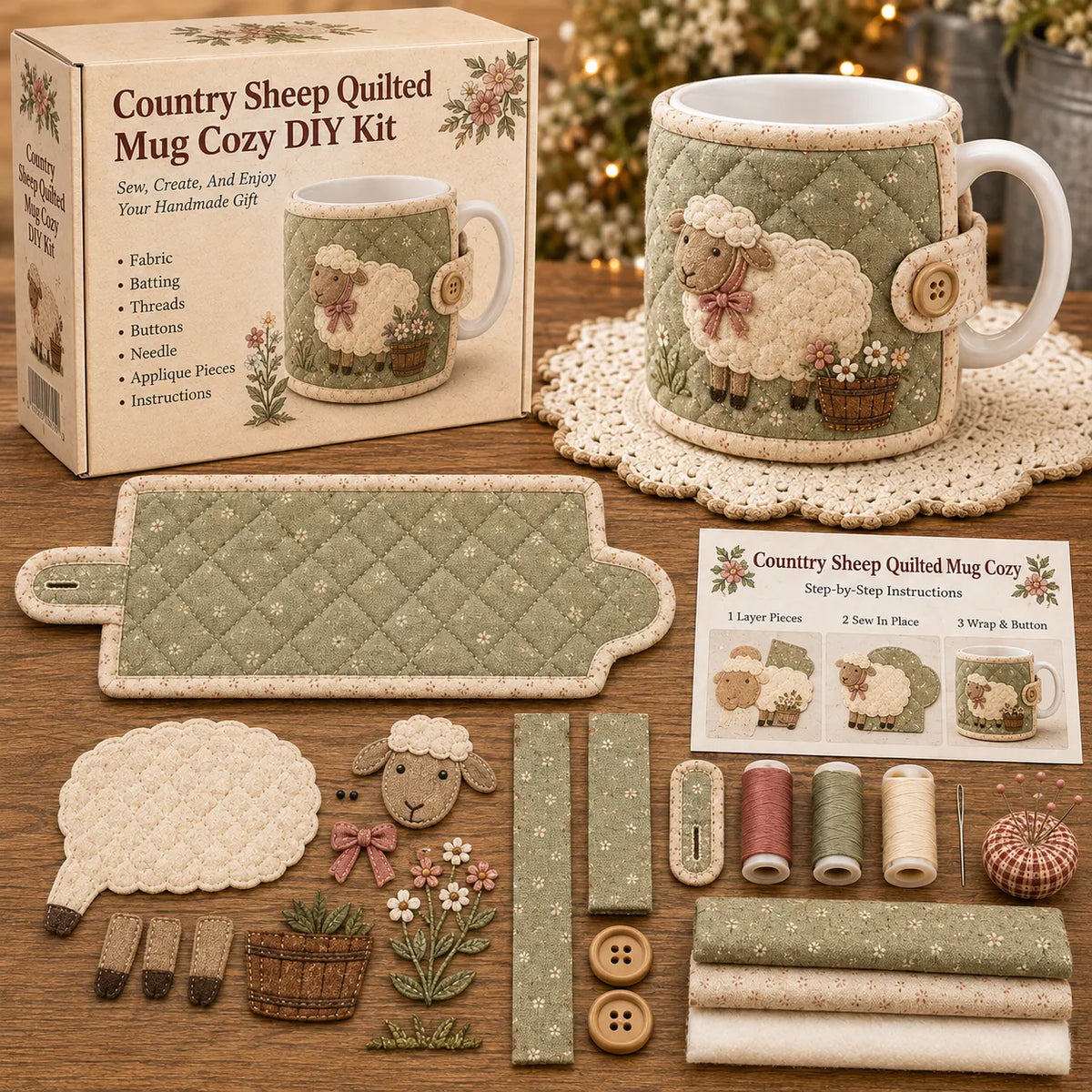 🐑 Country Sheep Farmhouse Friends Mug Cozy Sewing Kit