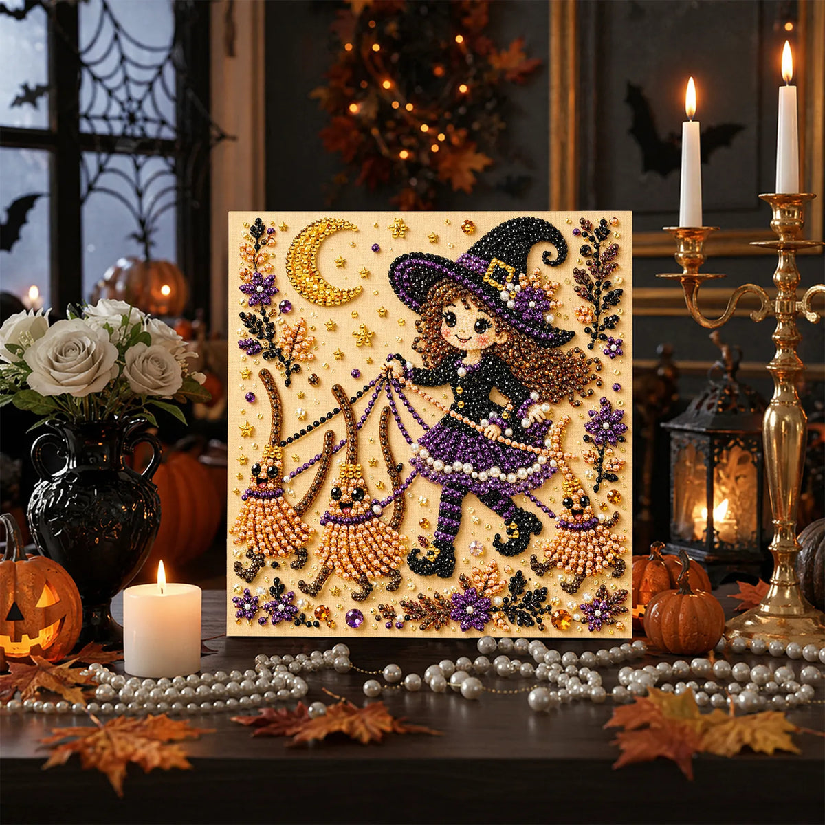 DIY Pearl Painting Halloween Witch with Frame(20x20cm)