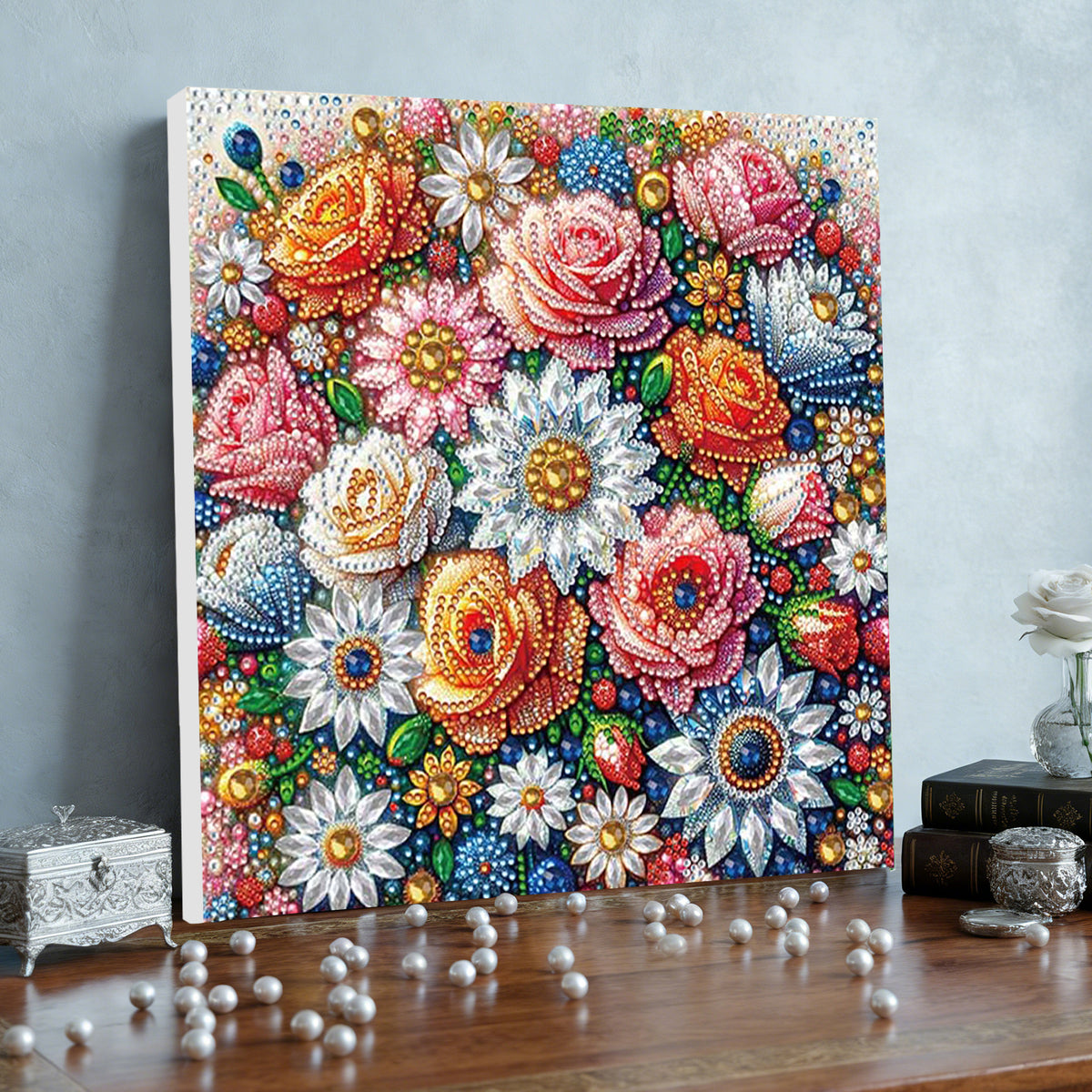 Flower DIY Special Shape Drill Art Craft Pearl Diamond Painting with Frame 25x25cm Diamond Art Pearl Painting Kit for Adults Beginners Home Decor
