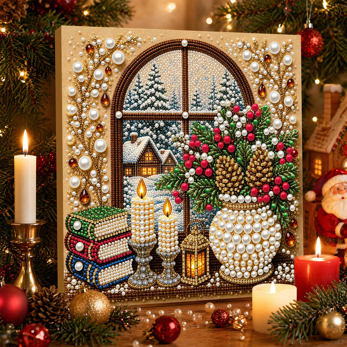 DIY Pearl Painting Christmas Window View with Frame(20x20cm)