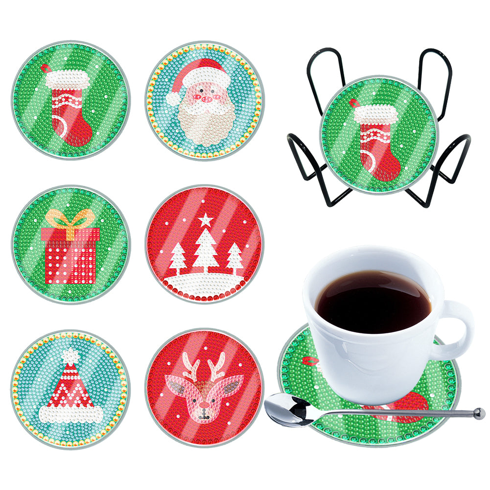 [Upgrade]6pcs/set DIY Diamond Painting Waterproof Case Classic Xmas Coaster Gift Decor Set
