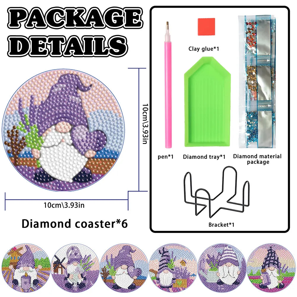 6pcs/set DIY Diamond Crafts Special Shape Coasters Kits (Lavender Gnome)