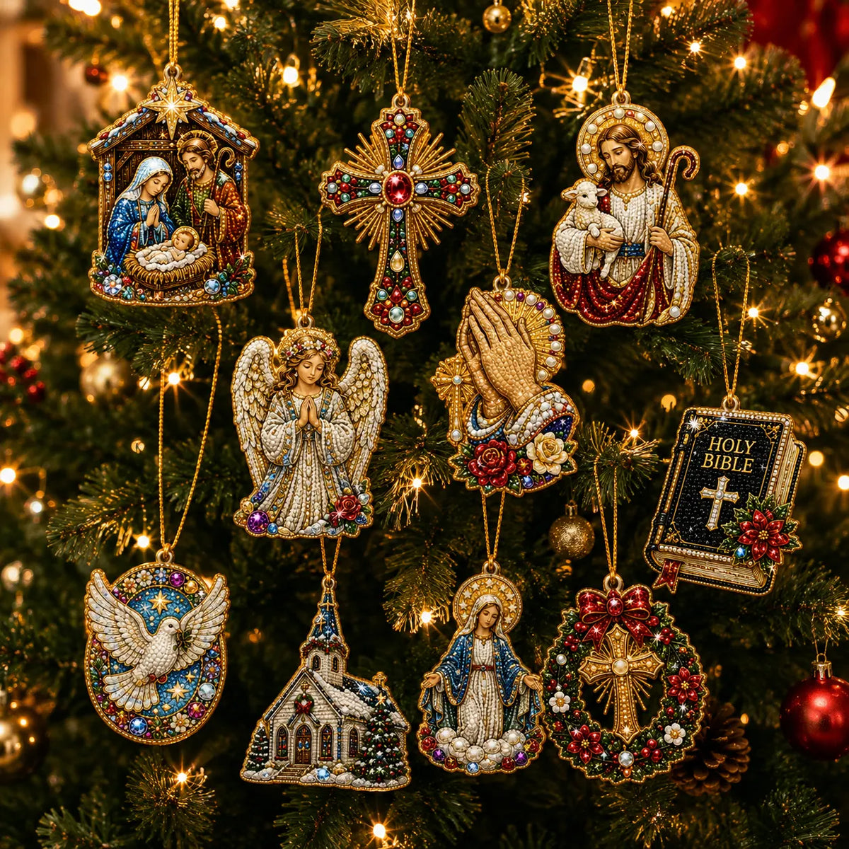 10Pcs Diamond Painting Acrylic Faith Christmas Tree Ornament for Decorations