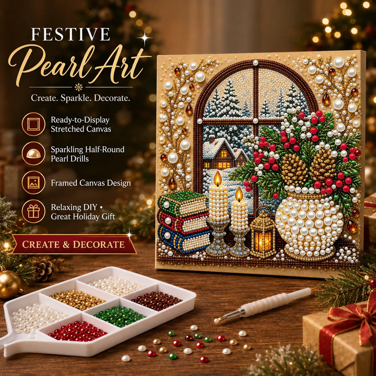 DIY Pearl Painting Christmas Window View with Frame(20x20cm)