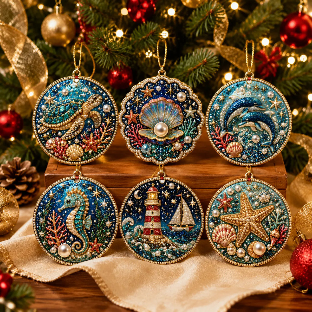 6Pcs Diamond Painting PET Single-sided Ocean Christmas Tree Ornament for Decorations