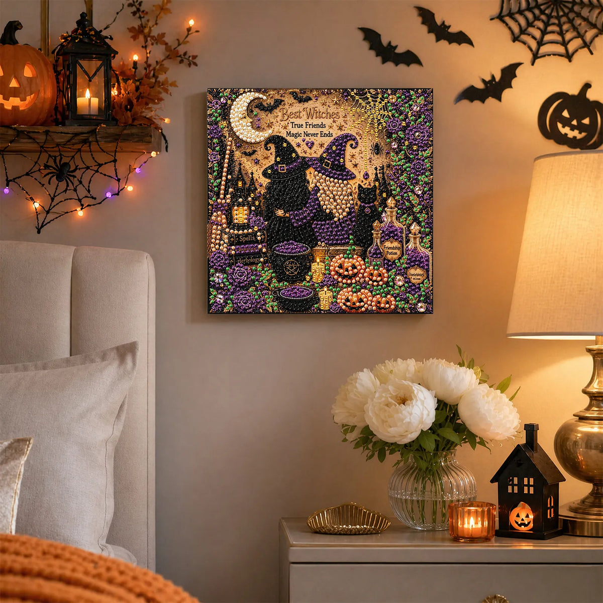 DIY Pearl Painting Halloween Witch with Frame(20x20cm)