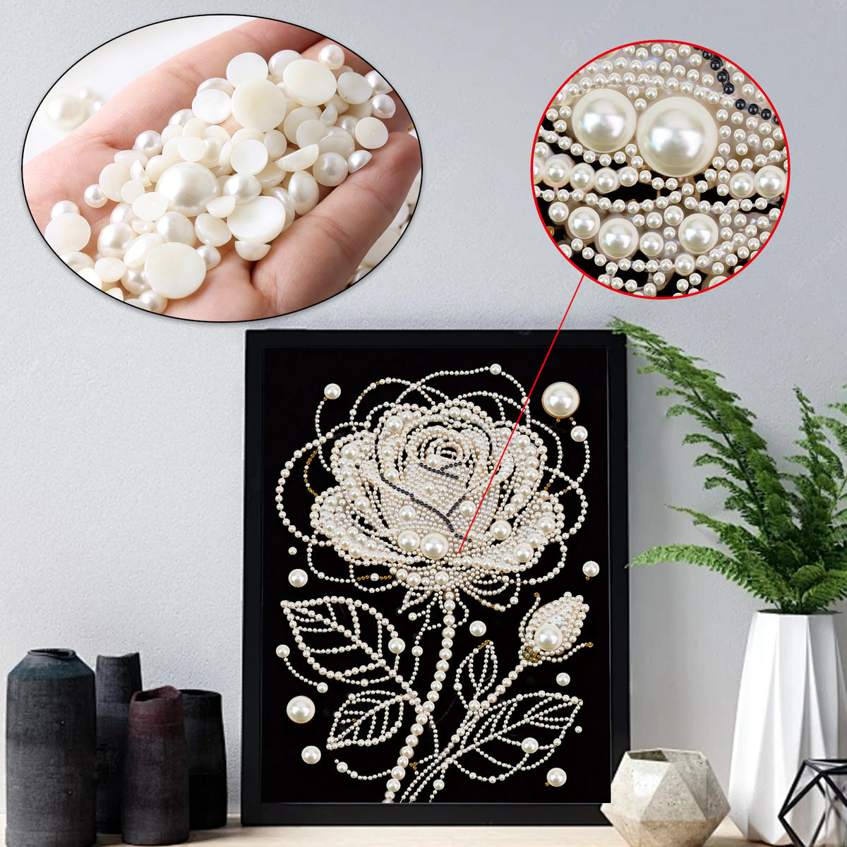 Rose Premium 5D Diamond Painting Kit Black & White Pearls painting Sparkling Special Shaped Diamond painting