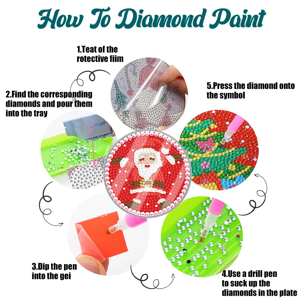 [Upgrade]6pcs/set DIY Diamond Painting Waterproof Case Classic Xmas Coaster Gift Decor Set