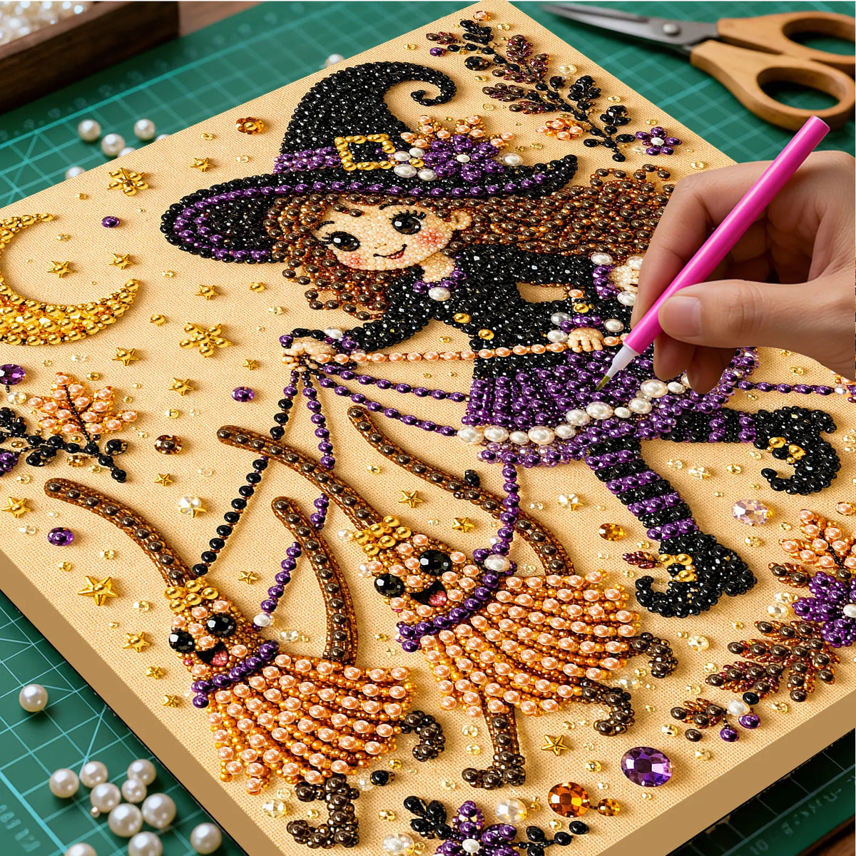 DIY Pearl Painting Halloween Witch with Frame(20x20cm)