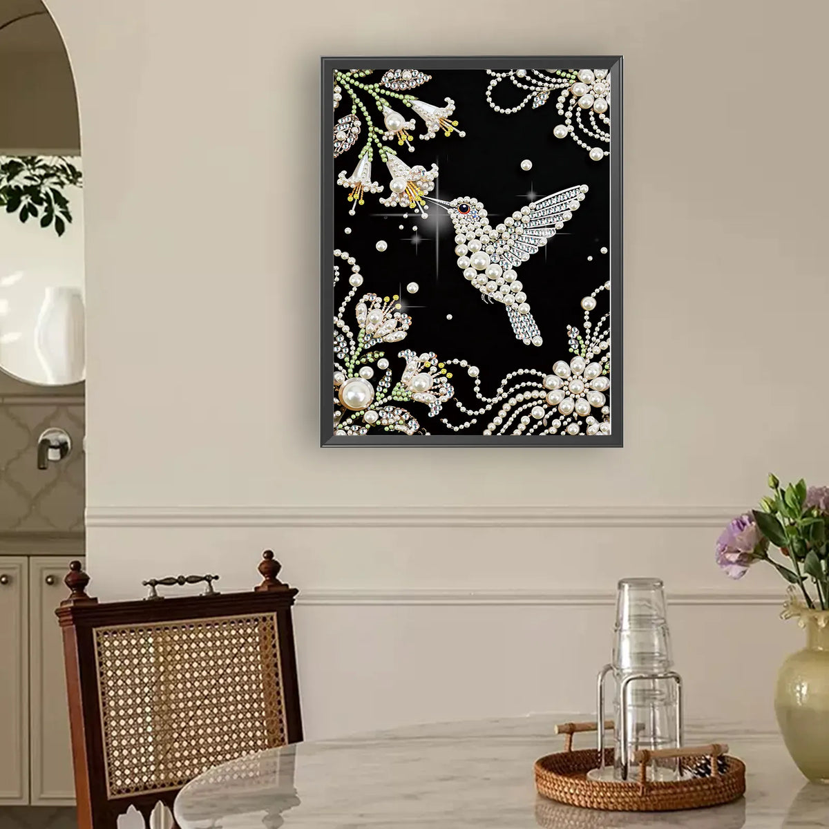 Hummingbird Premium 5D Diamond Painting Kit Black & White Pearls painting Sparkling Special Shaped Diamond painting