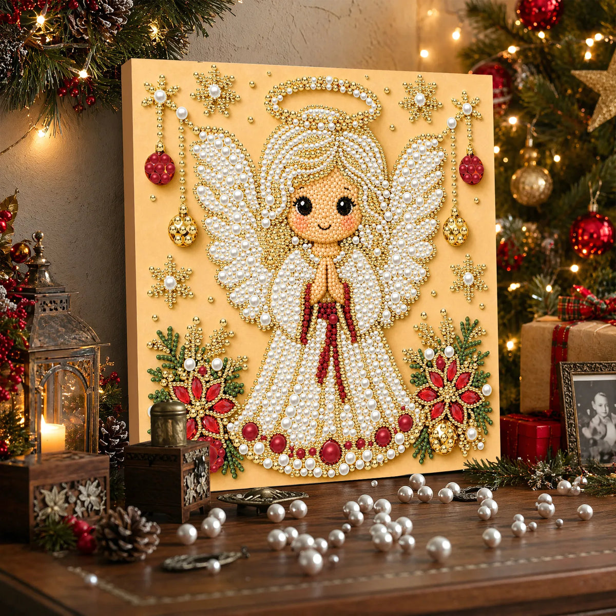 DIY Pearl Painting Christmas Angel with Frame(20x20cm)