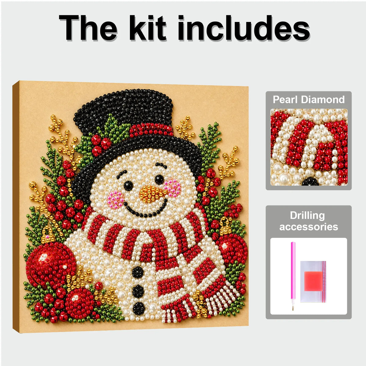 DIY Pearl Painting Christmas Snowman with Frame(20x20cm)