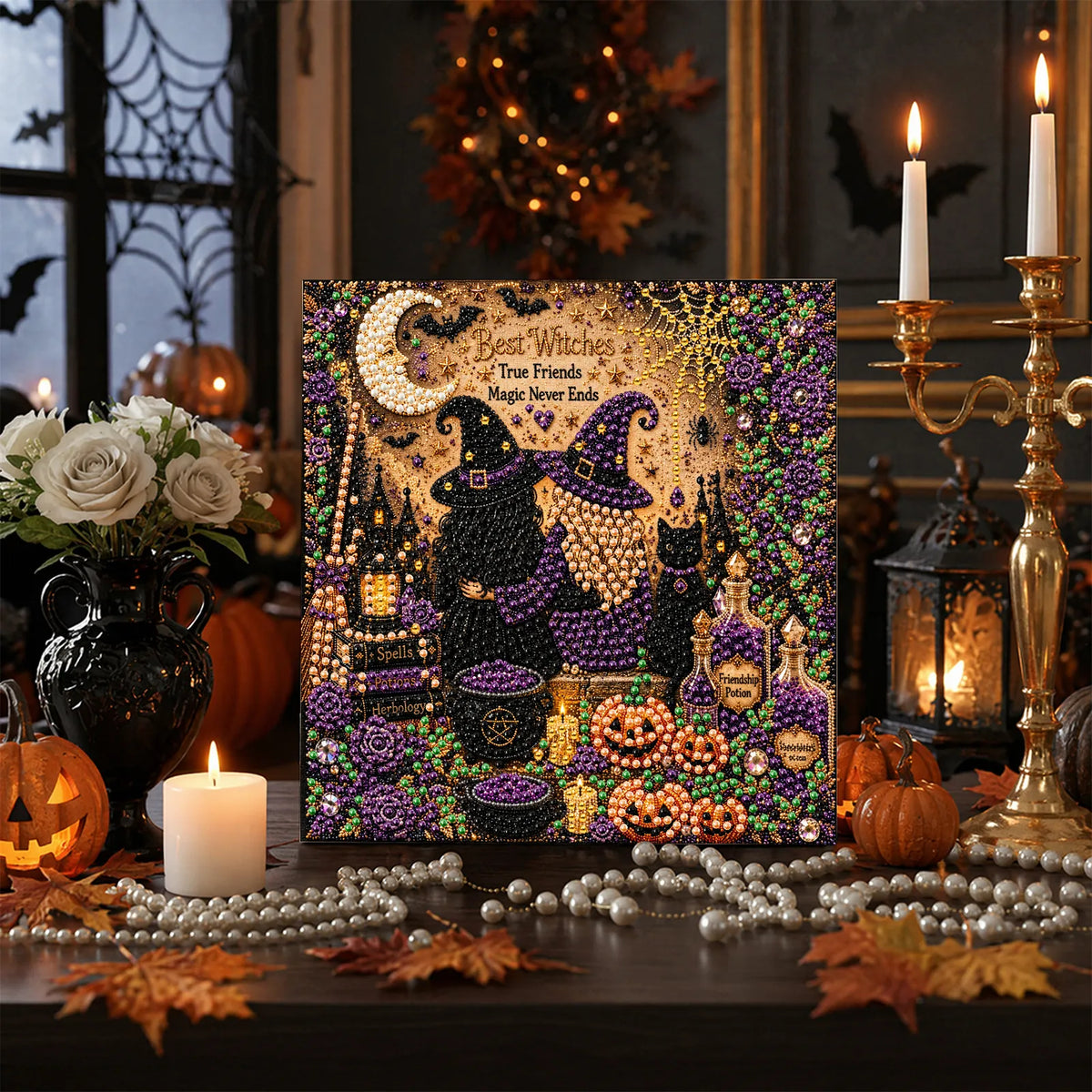 DIY Pearl Painting Halloween Witch with Frame(20x20cm)
