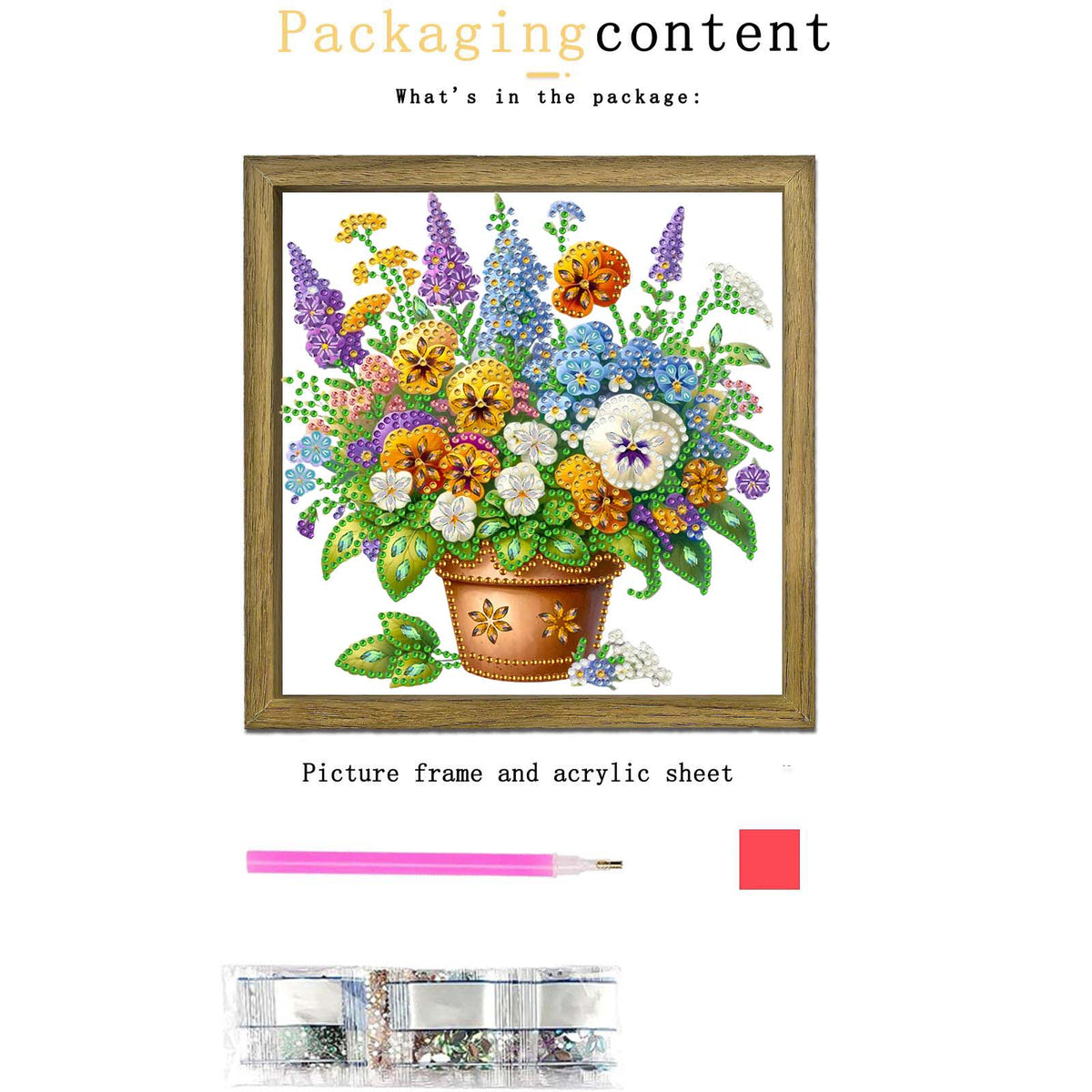 Flower DIY Special Shape Double sided Print Clear Diamond Art Kit Wooden Framed Diamond Painting Kit(22x22cm)