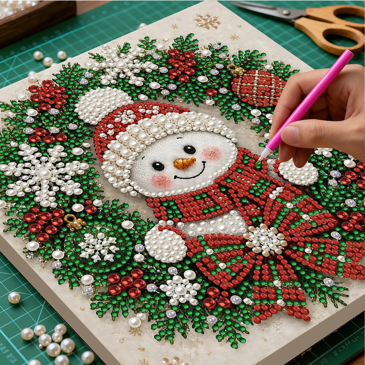 DIY Pearl Painting Christmas Snowman with Frame(20x20cm)