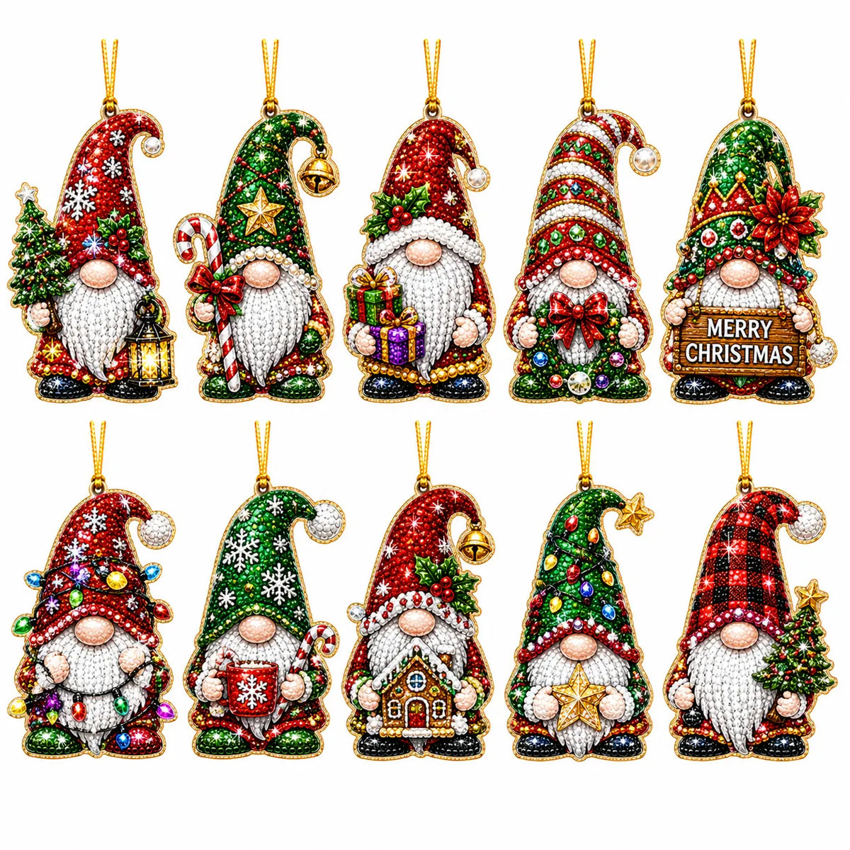 10Pcs Diamond Painting Acrylic Gnome Christmas Tree Ornament for Decorations