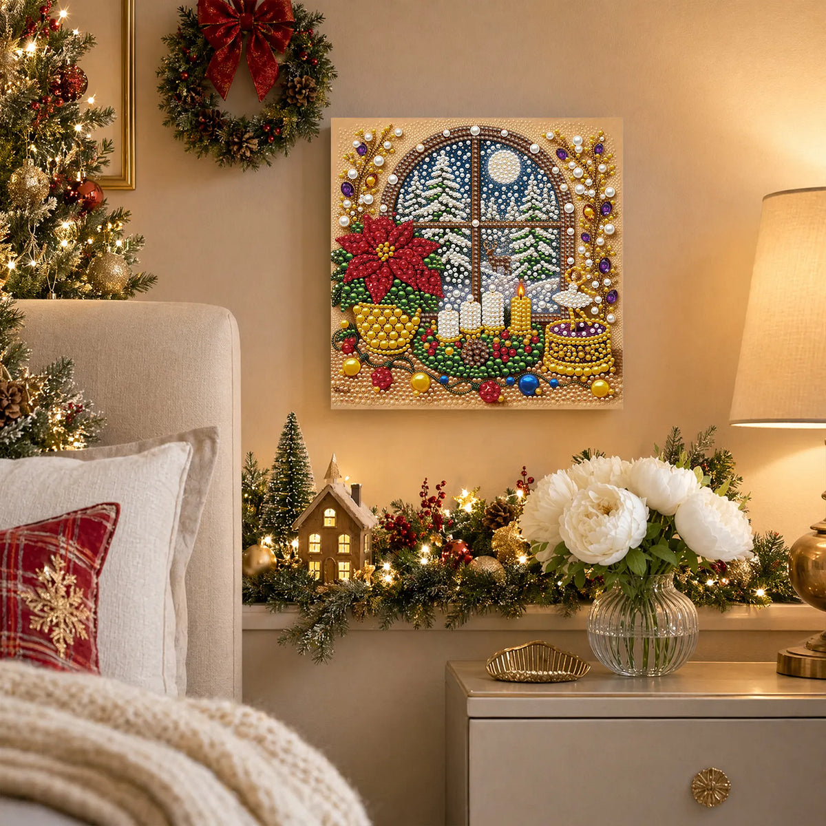 DIY Pearl Painting Christmas Window View with Frame(20x20cm)
