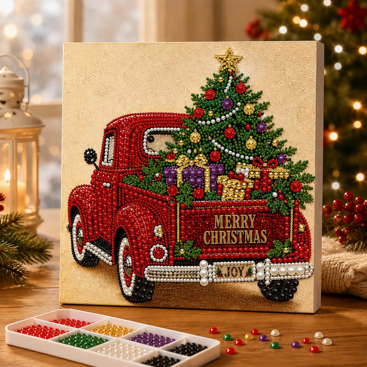 DIY Pearl Painting Christmas Red Car with Frame(30x30cm)
