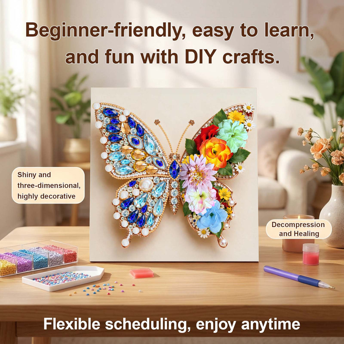 Pre-Framed 3D Rhinestones Butterfly With Artificial Flower Diamond Painting DIY Craft Kit