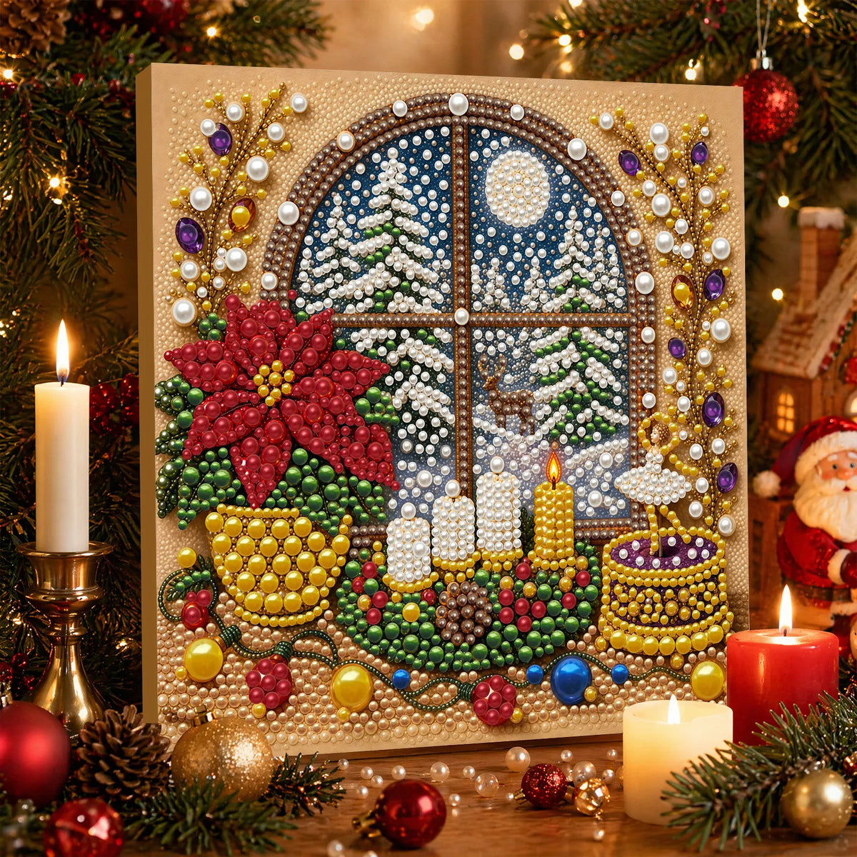 DIY Pearl Painting Christmas Window View with Frame(20x20cm)
