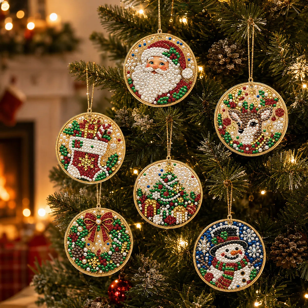 6Pcs Diamond Painting Wooden Snowman Christmas Tree Hanging Ornaments for Decorations