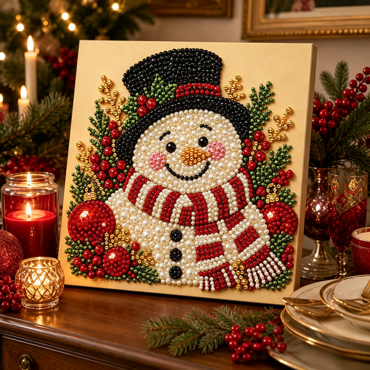 DIY Pearl Painting Christmas Snowman with Frame(20x20cm)