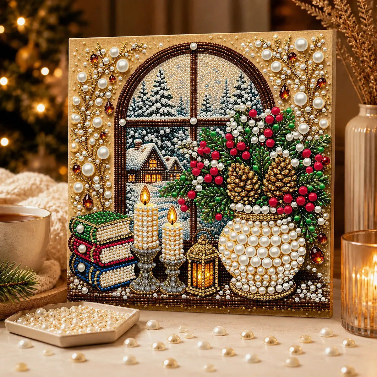 DIY Pearl Painting Christmas Window View with Frame(20x20cm)