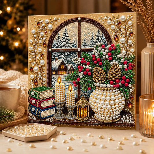 DIY Pearl Painting Christmas Window View with Frame(20x20cm)