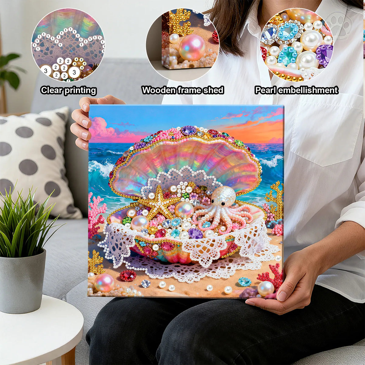 Framed Dreamy Pearl Seashell - Pearls Painting Kit for Creativity DIY Pearl Dot Crafts for Gift Home Wall Decor 25*25CM