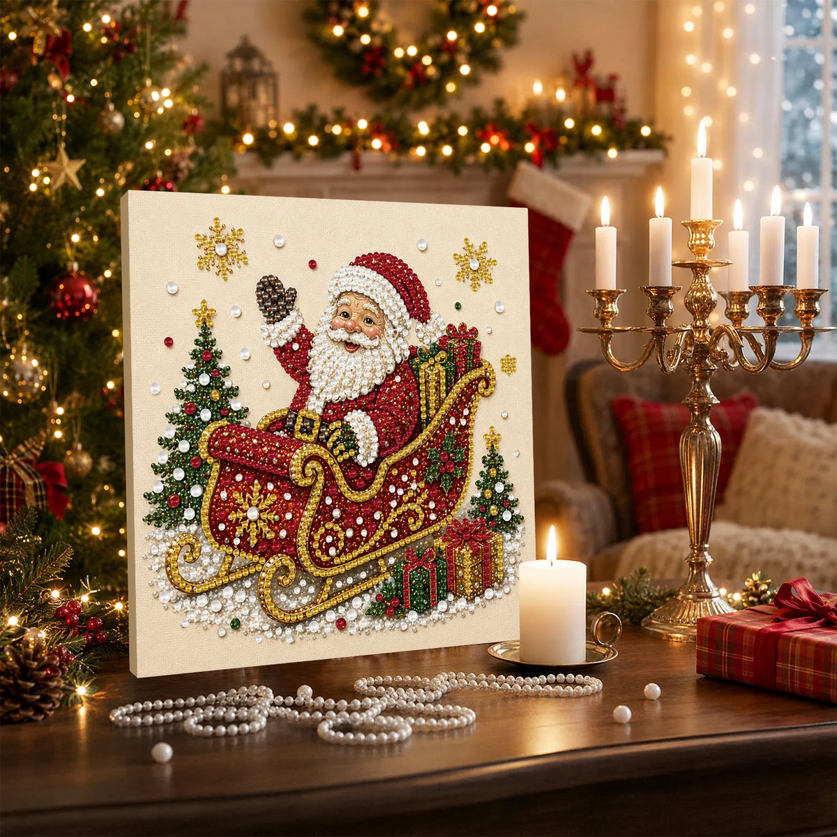 DIY Pearl Painting Xmas Santa Sleigh with Frame(20x20cm)