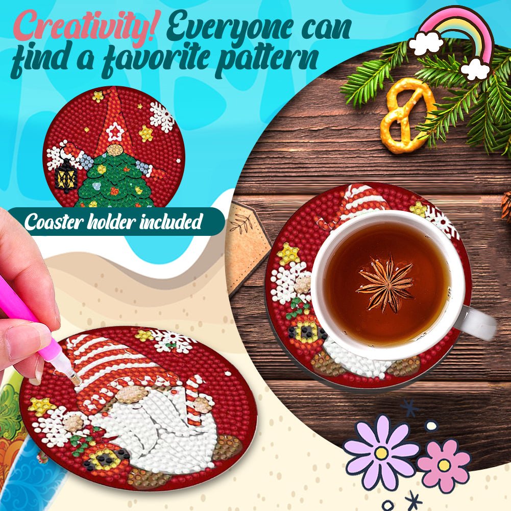 8PCS Diamond Painting Art Coaster Kit Full Drill Coaster(Wooden Christmas Gnome)