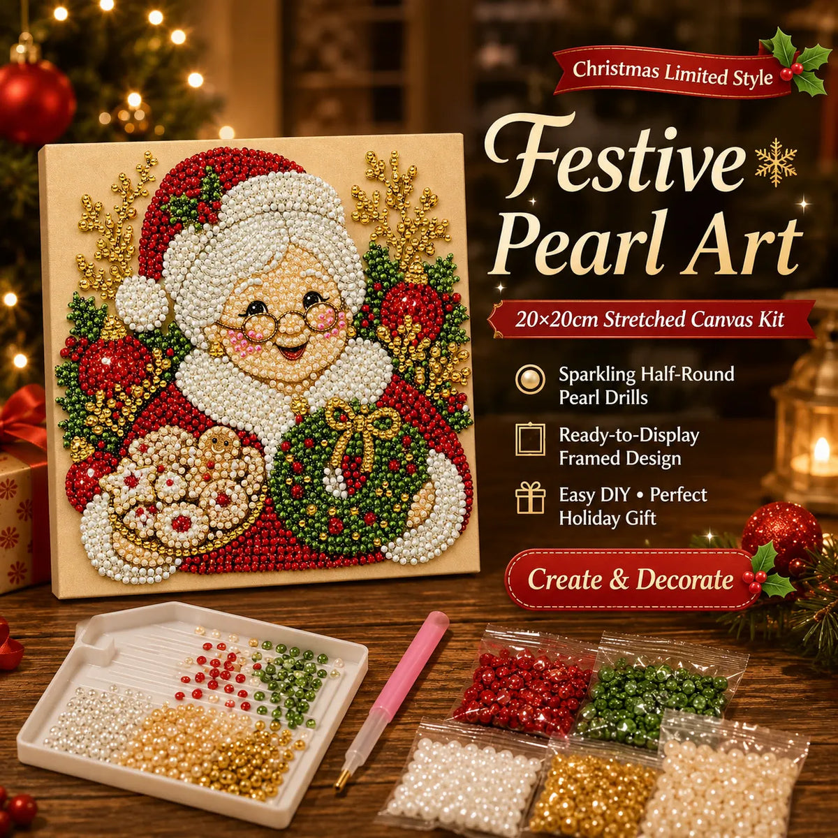 DIY Pearl Painting Christmas Gandmother with Frame(20x20cm)