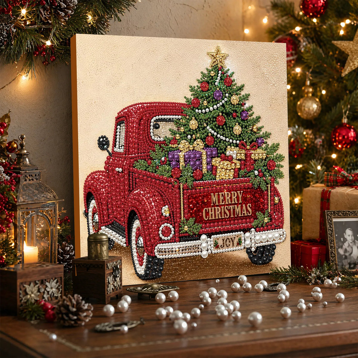 DIY Pearl Painting Christmas Red Car with Frame(30x30cm)
