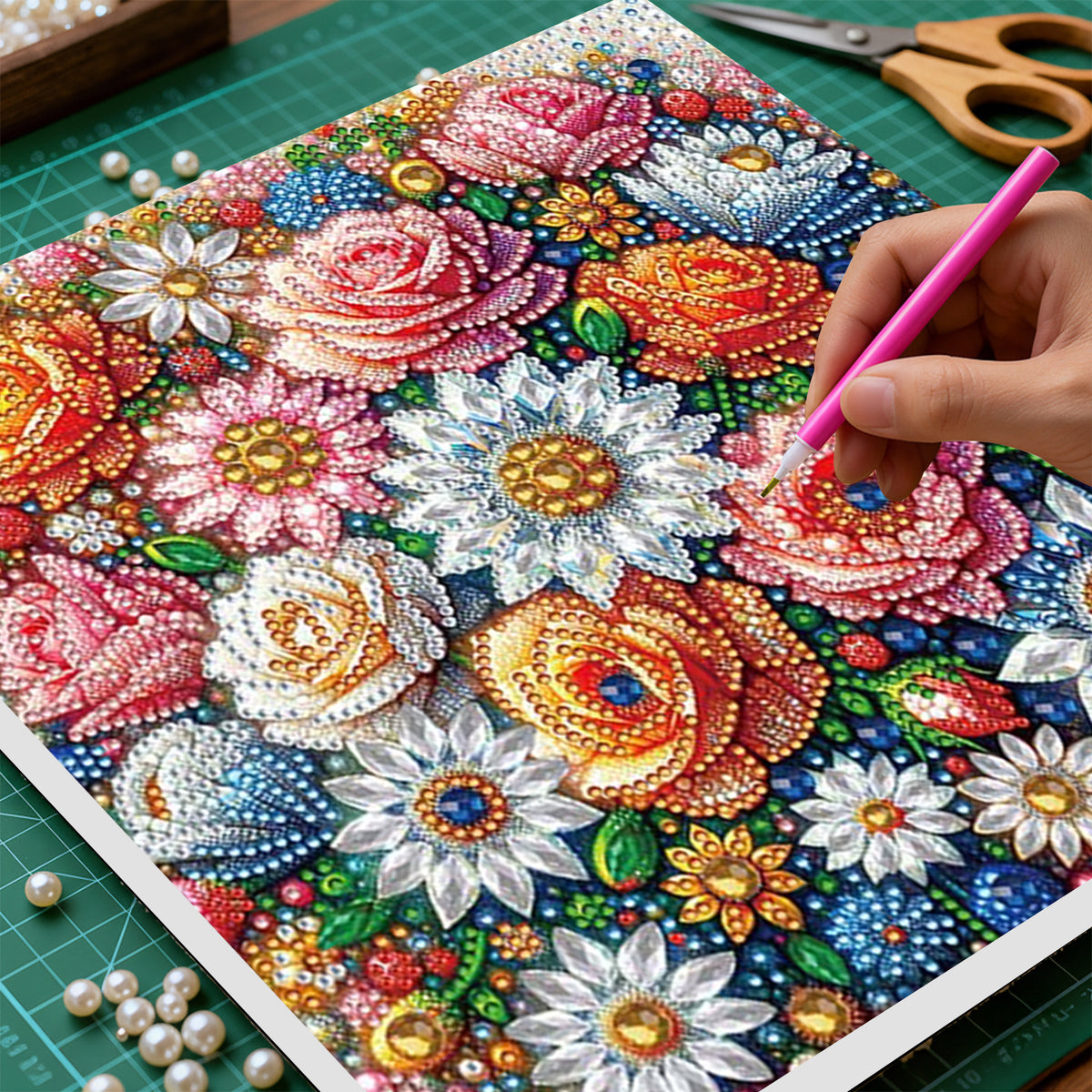 Flower DIY Special Shape Drill Art Craft Pearl Diamond Painting with Frame 25x25cm Diamond Art Pearl Painting Kit for Adults Beginners Home Decor