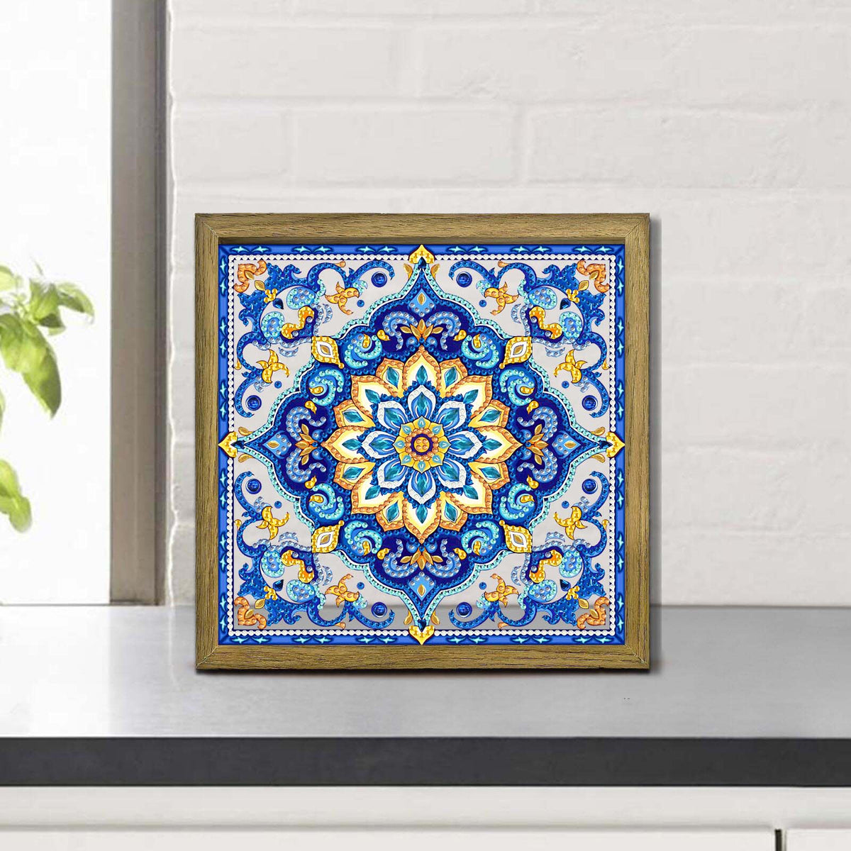 Mandala DIY Special Shape Double sided Print Clear Diamond Art Kit Wooden Framed Diamond Painting Kit(22x22cm)