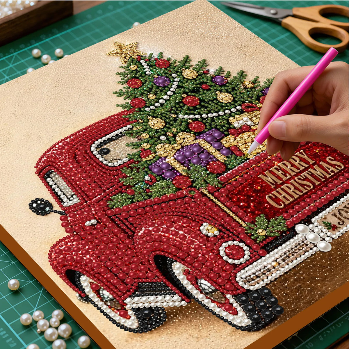 DIY Pearl Painting Christmas Red Car with Frame(30x30cm)