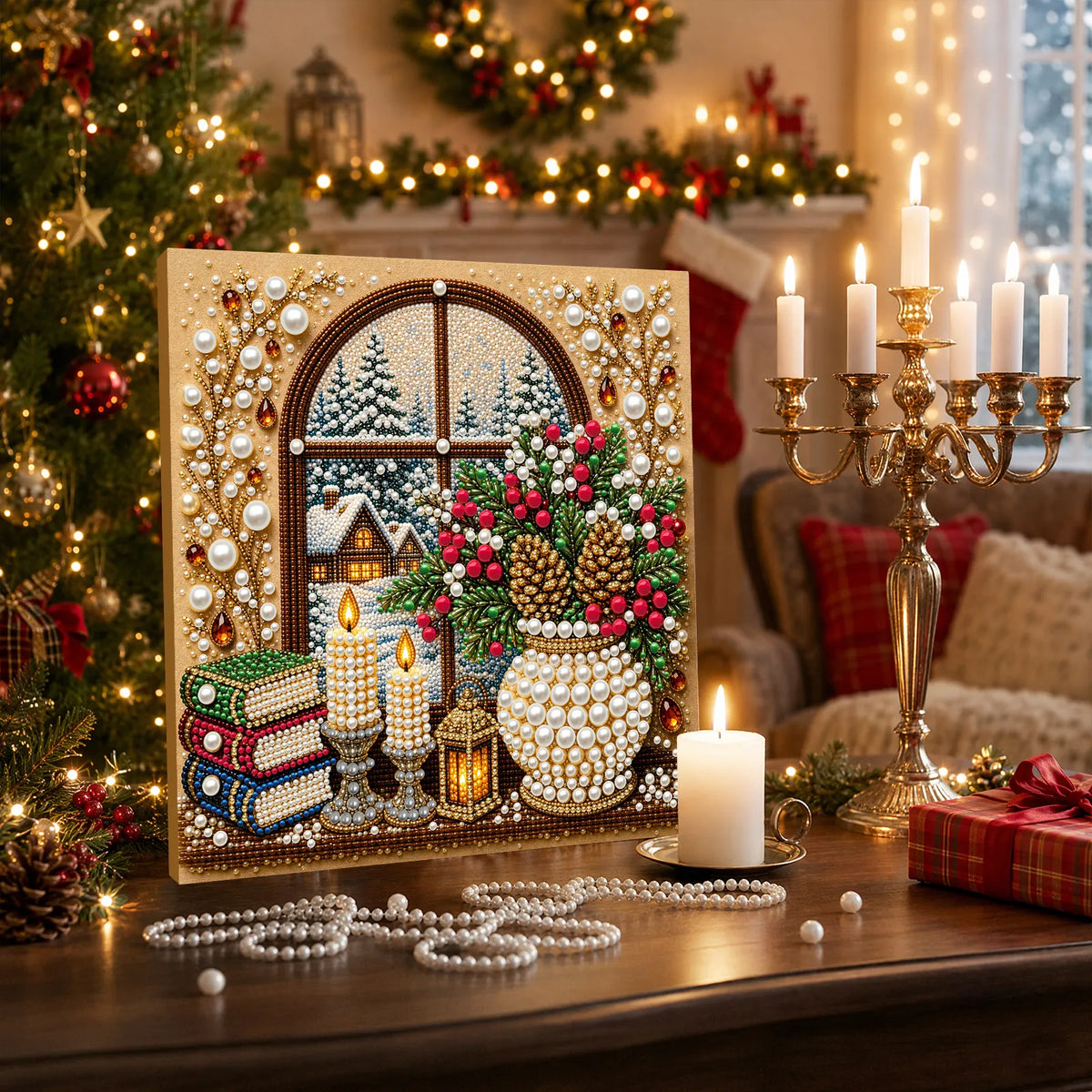 DIY Pearl Painting Christmas Window View with Frame(20x20cm)