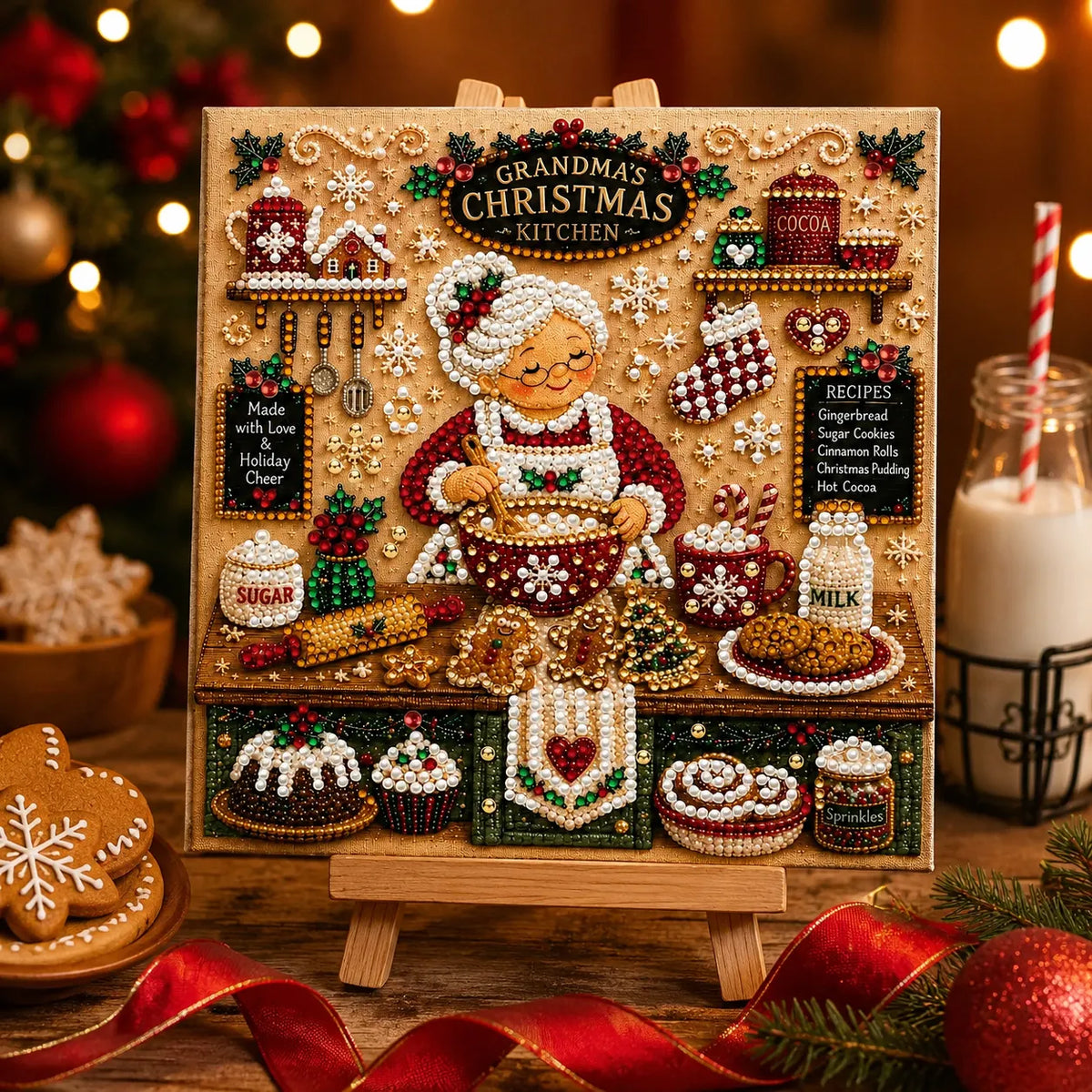 DIY Pearl Painting  Xmas Kitchen with Frame(20x20cm)