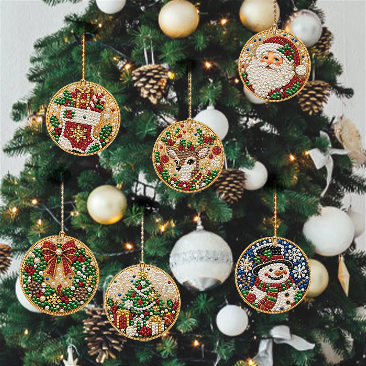 6Pcs Diamond Painting Wooden Snowman Christmas Tree Hanging Ornaments for Decorations