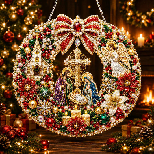 Diamond Painting Acrylic Christmas Religious Wreath Pendant For Home Wall, Door & Window Decoration